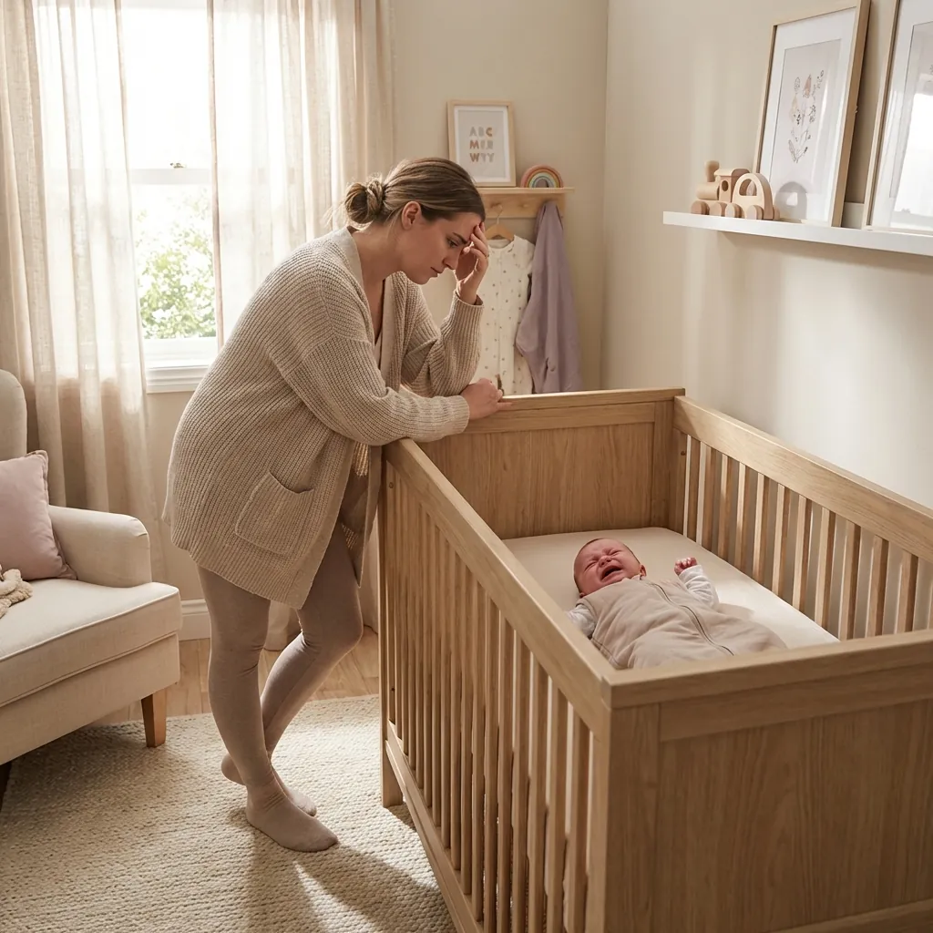 Mamá cansada junto a la cuna con bebé llorando